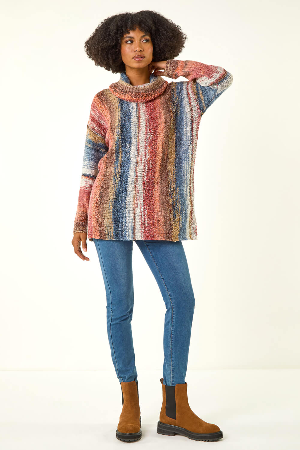 Multi  Boucle Stripe Cowl Neck Jumper, Image 3 of 5
