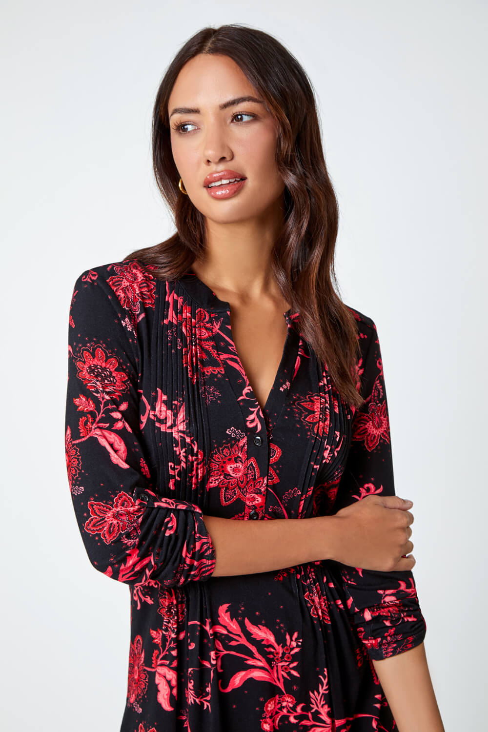 Fuchsia Paisley Print Pintuck Stretch Top, Image 5 of 5