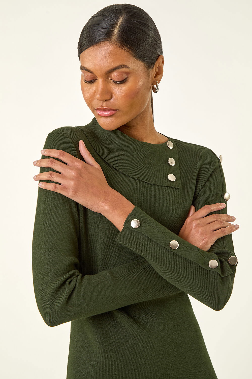 Dark Green Button Detail Roll Neck Jumper Dress, Image 5 of 5