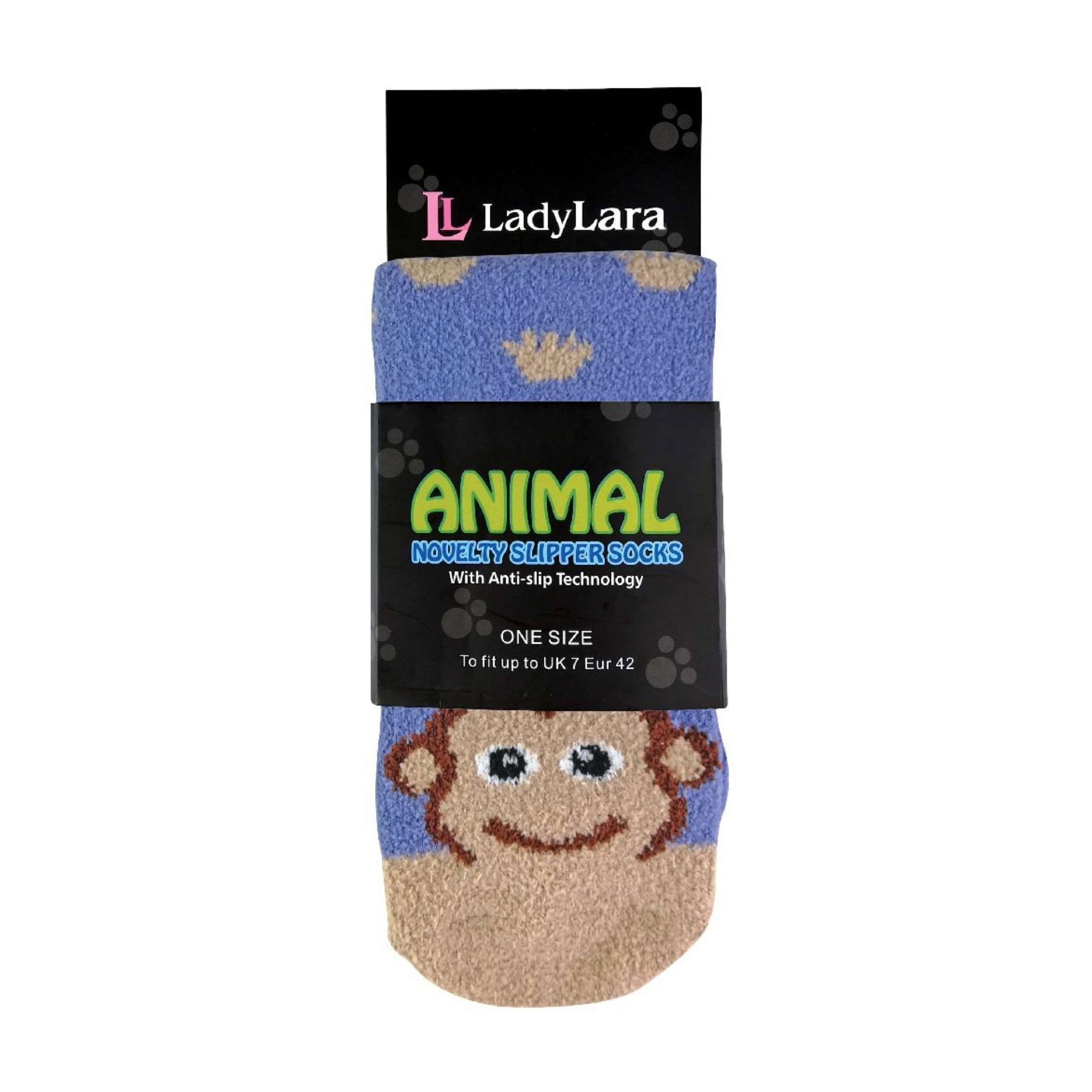Blue 1 Pack Ladies Fluffy Animal Pattern Slipper Socks with Grips, Image 3 of 3