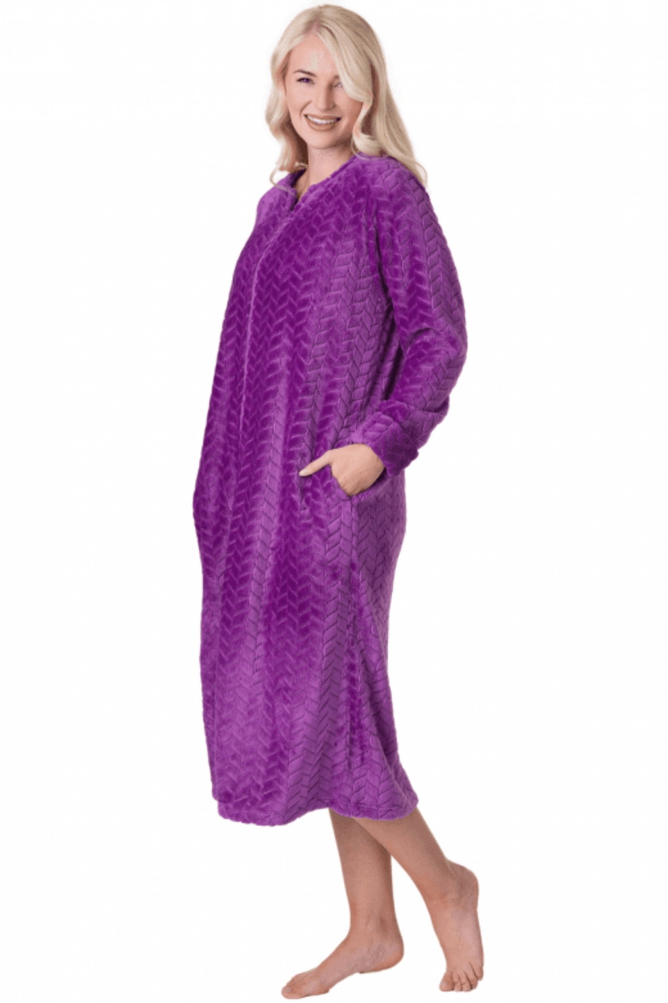Purple Camille Lingerie Purple Supersoft Zip Front Embossed Housecoat, Image 2 of 5