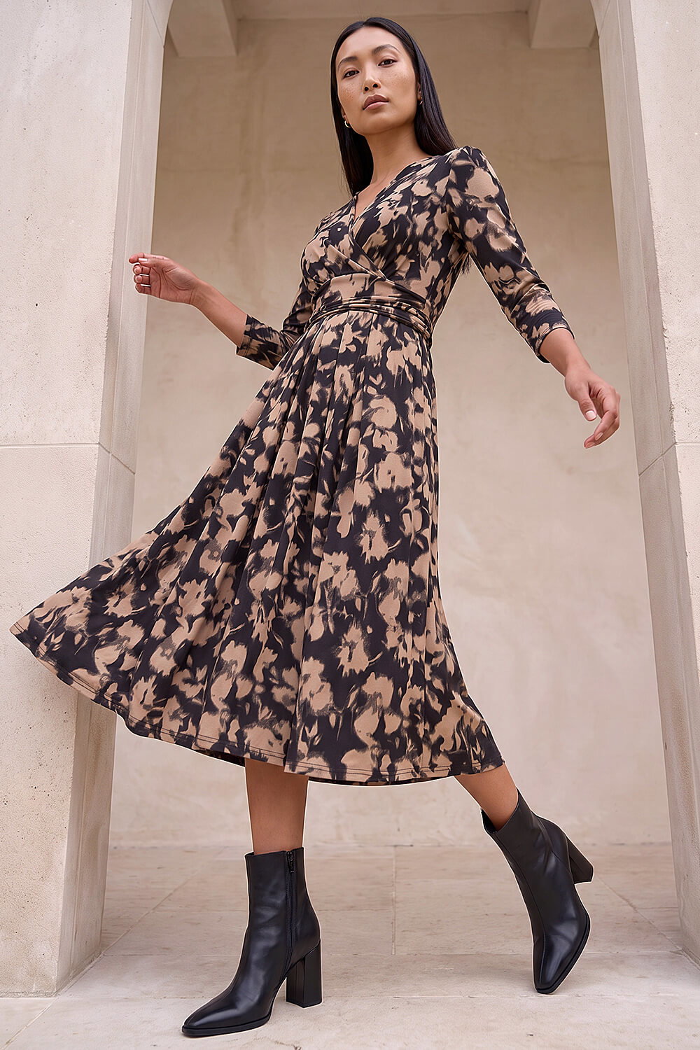 Roman Women's Taupe Abstract Floral Print Wrap Midi Dress Size 12