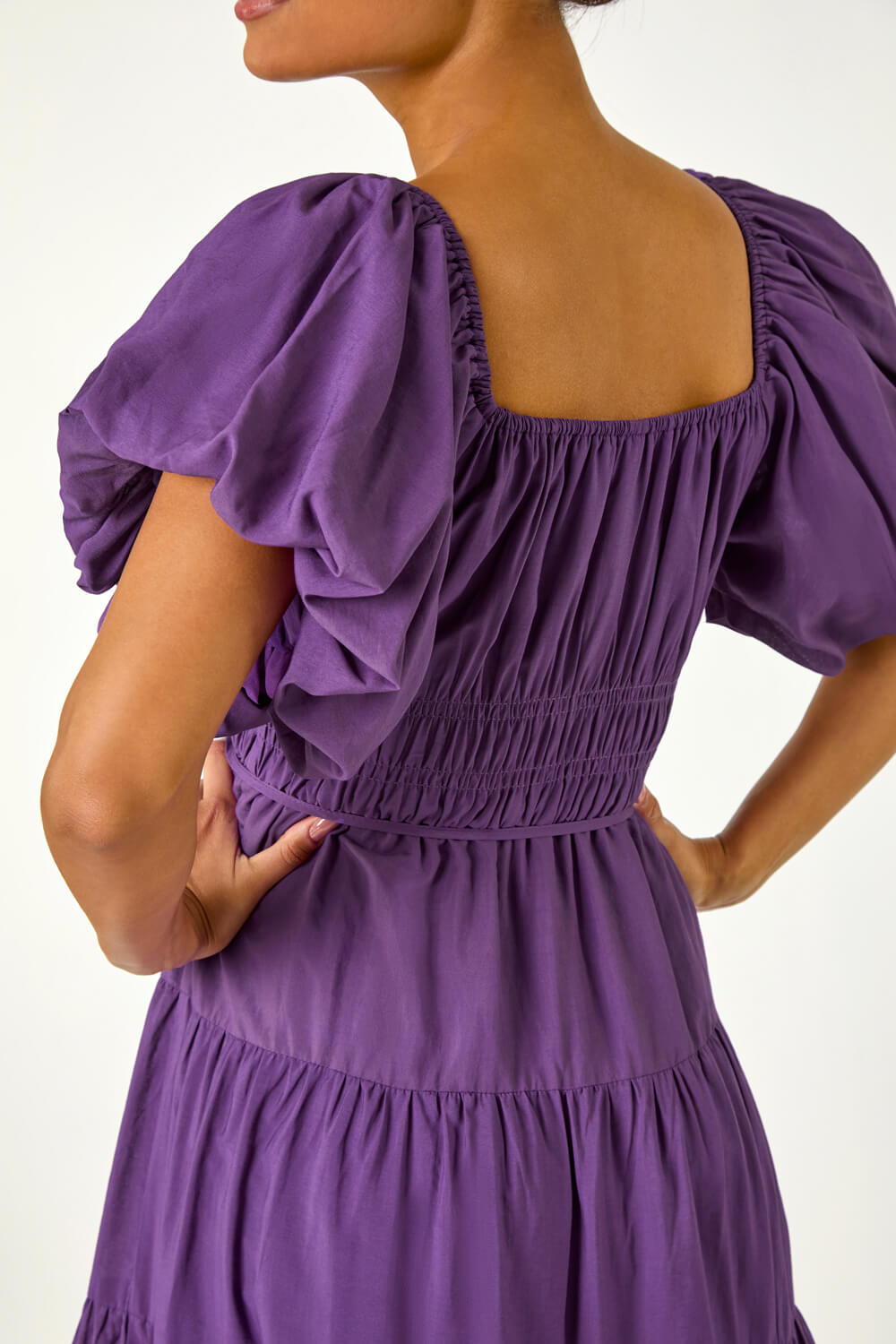 Tiered Ruffle Mini Dress with Puff Sleeves - Purple main image 1