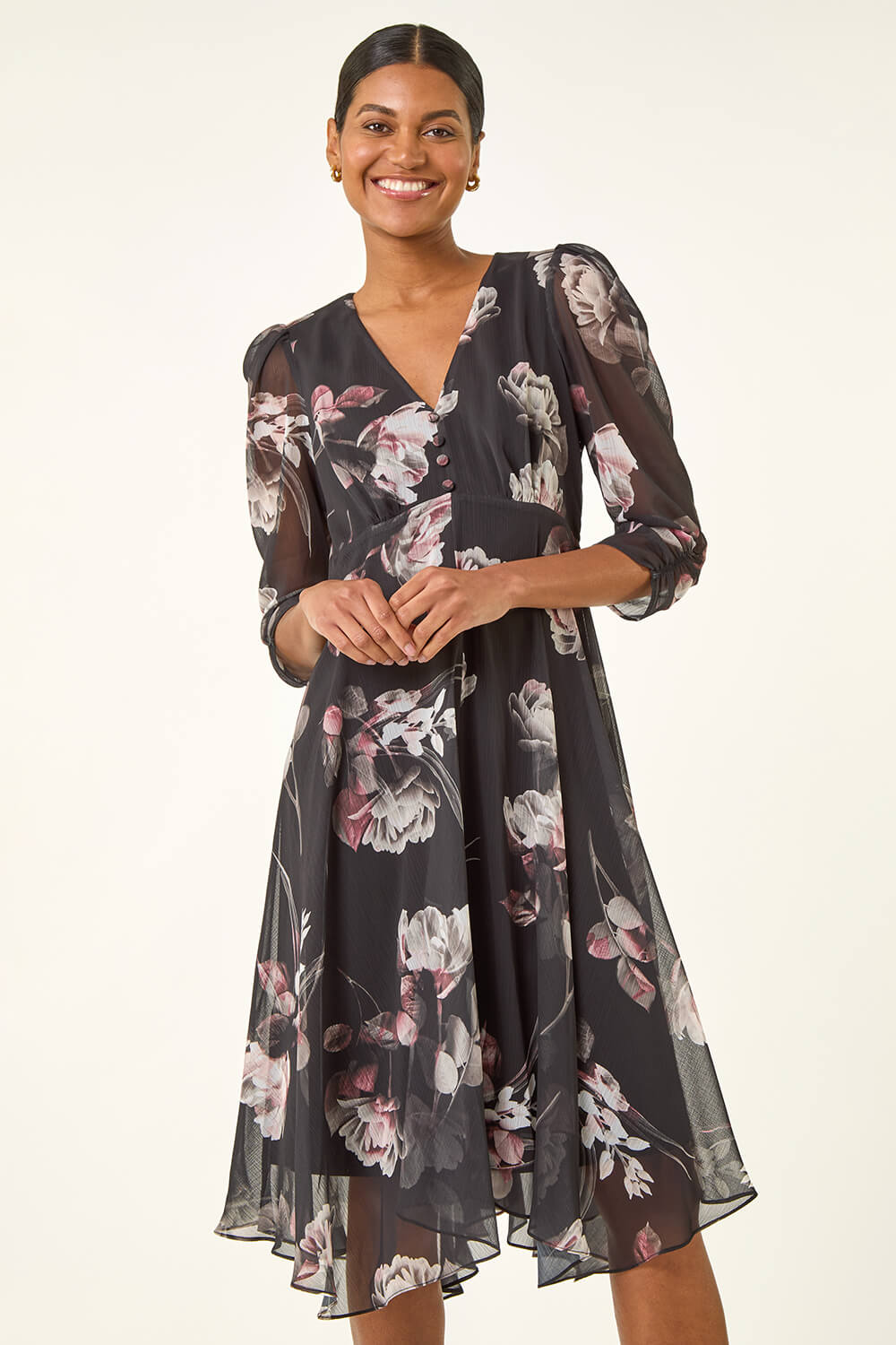 Black Floral Print Hanky Hem Dress, Image 1 of 5