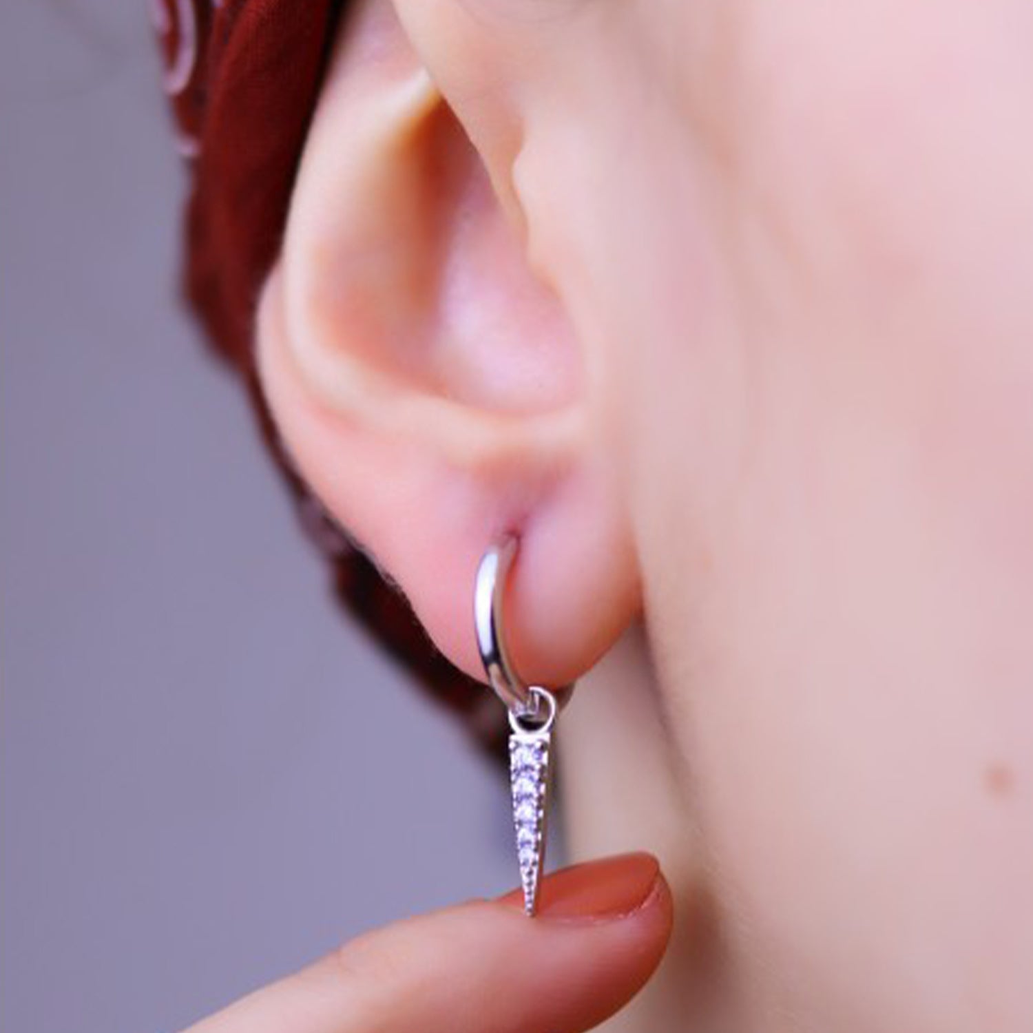 Silver Sterling Silver Triangle Mini Pave Spike Charm Hoop Earrings, Image 3 of 3