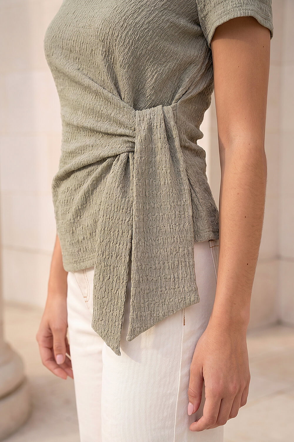 Sage Petite Textured Side Tie Stretch Top, Image 5 of 4