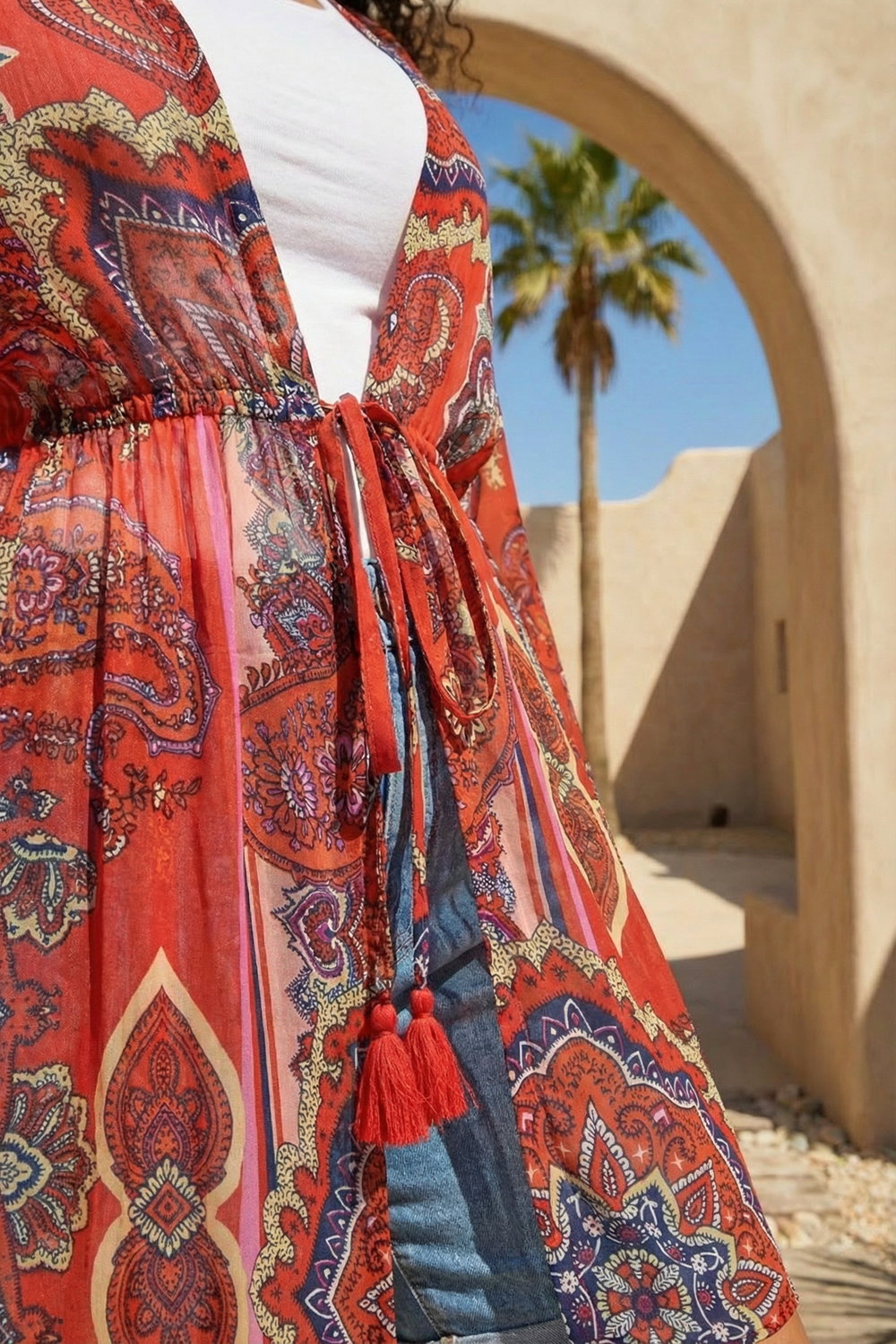 Red Curve Paisley Tie Front Kimono, Image 5 of 4
