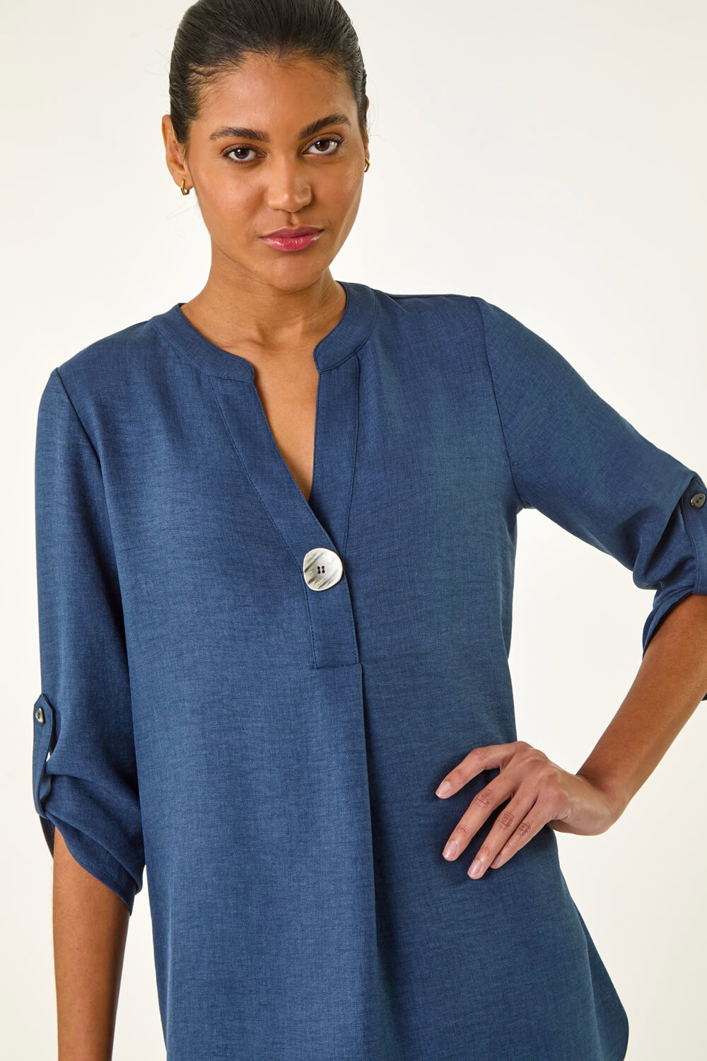 Denim Horn Button Detail Longline Top | Roman UK