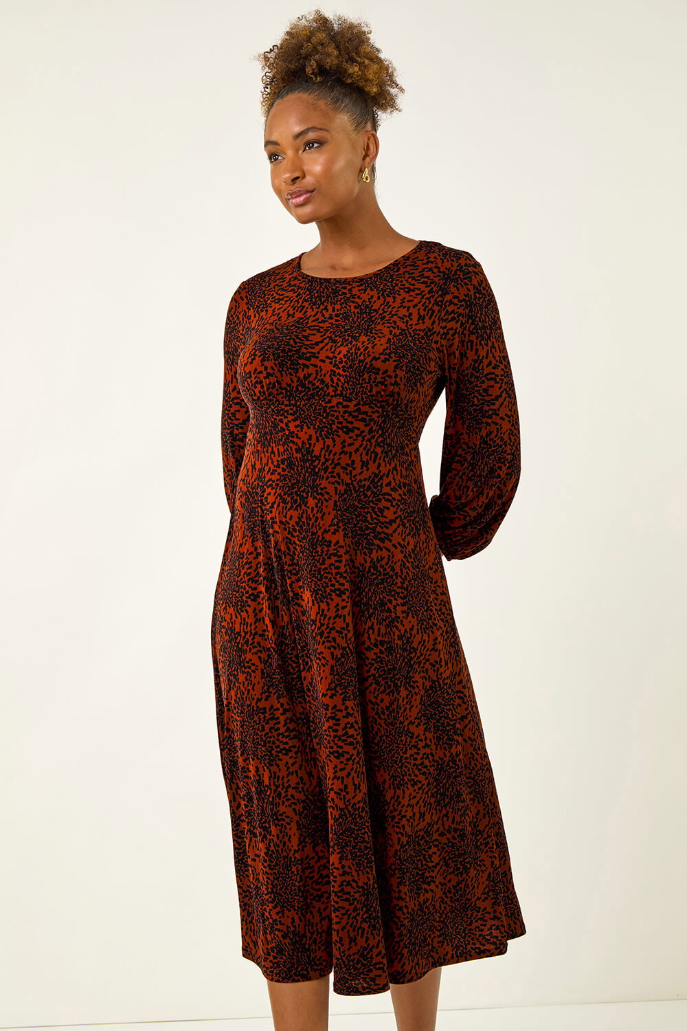 Rust Speckled A-Line Stretch Midi Dress, Image 5 of 5