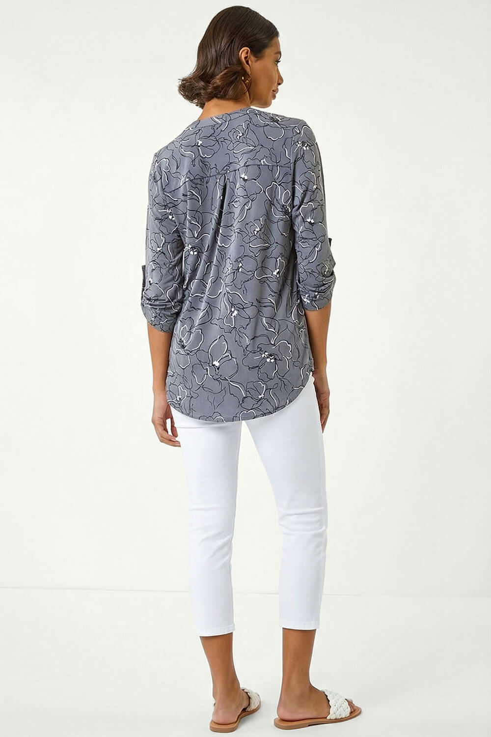Grey Floral Notch Neck Shirt, Image 4 of 4