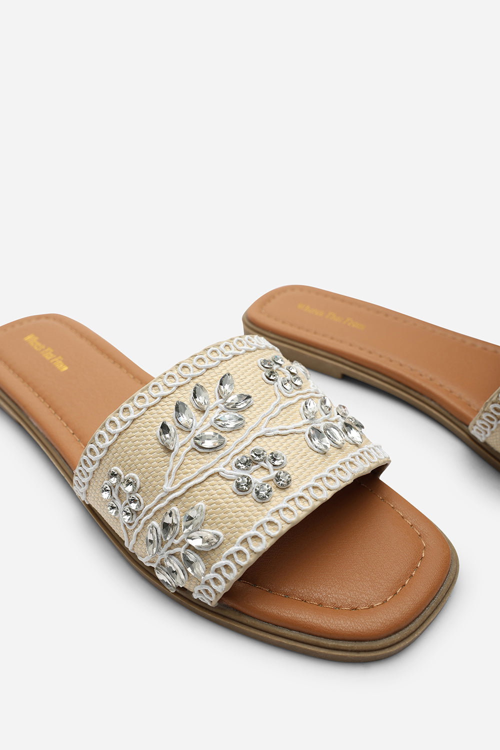 Cream Karter Embellished Canvas Slide On Sandals, Image 6 of 6