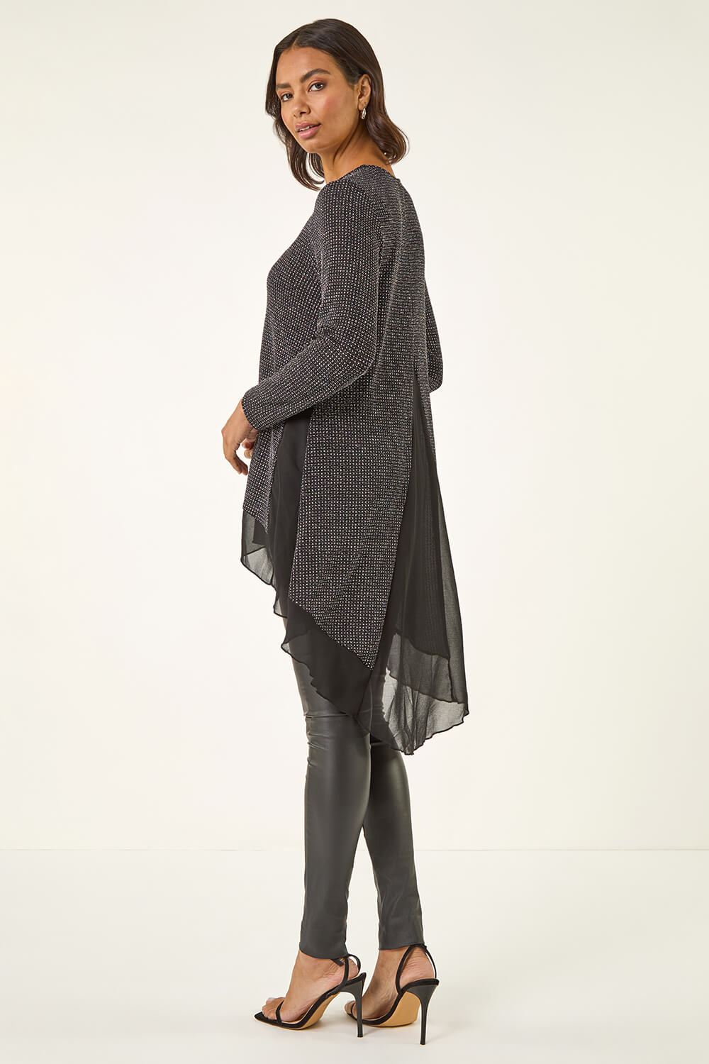 Black Sparkly Chiffon Hem Stretch Top, Image 4 of 5