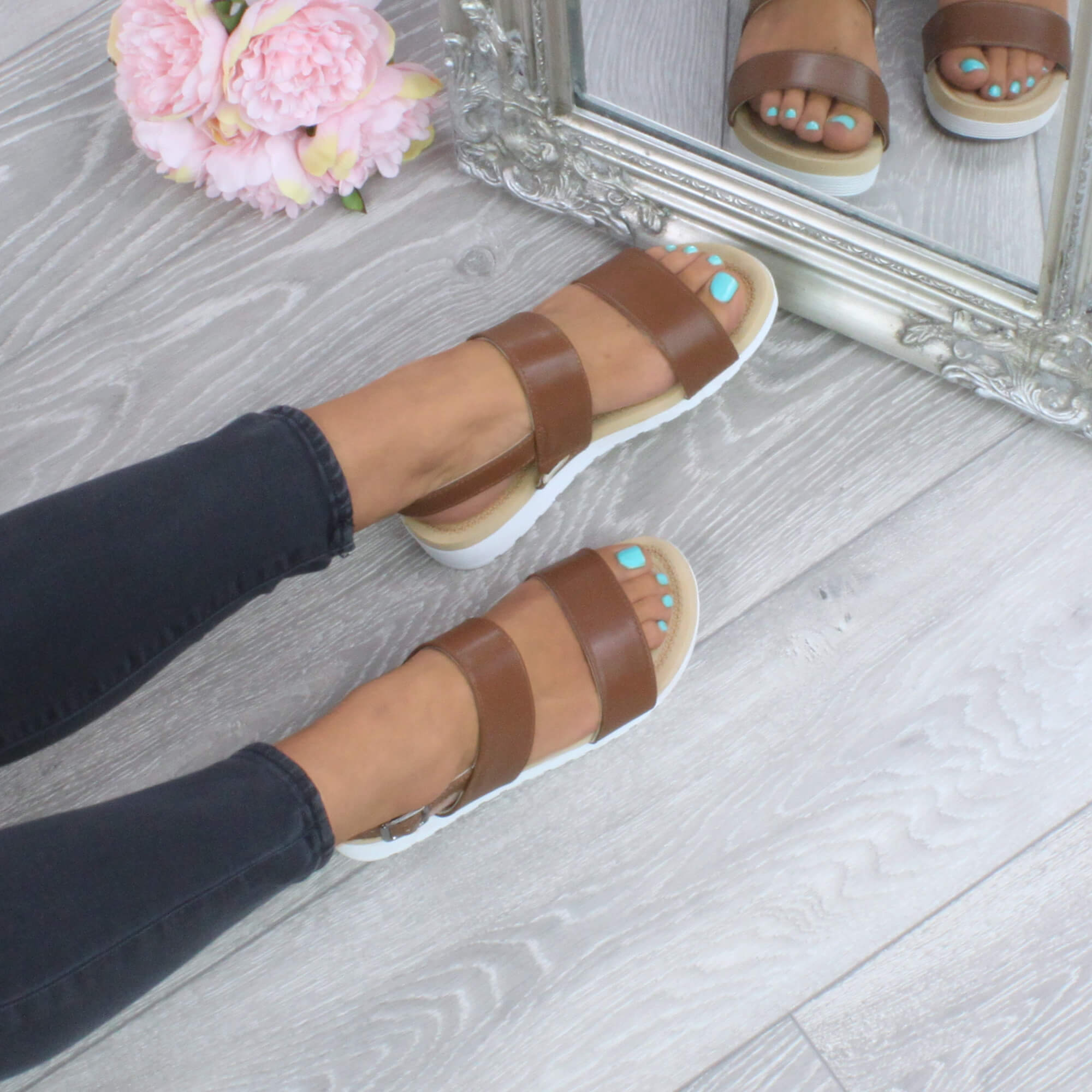 Tan AJVANI Tan Flatform Strappy Sandals, Image 5 of 6
