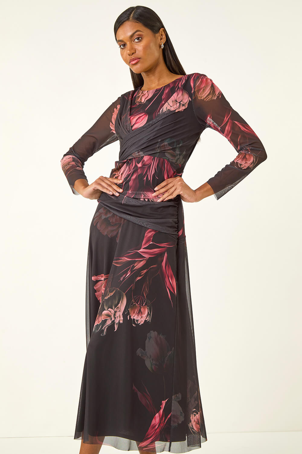 Black Floral Mesh Stretch Maxi Dress, Image 6 of 6