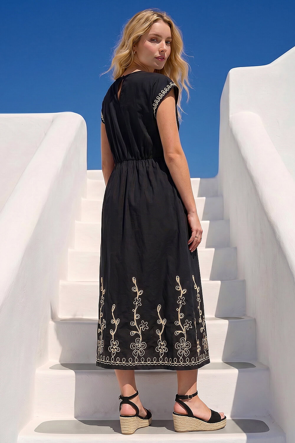 Black Embroidered V-Neck Midi Dress, Image 4 of 4