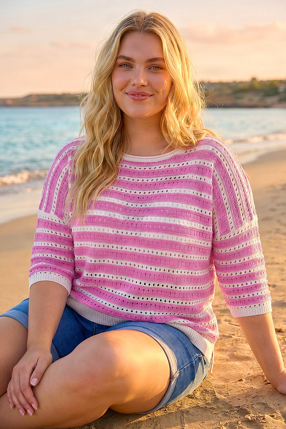 Roman Curve Women's Pink Crochet Stripe Knit Top Size 30-32