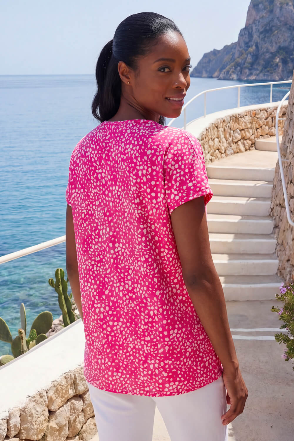 Pink Spot Print V-Neck Pleat Front Top, Image 4 of 4