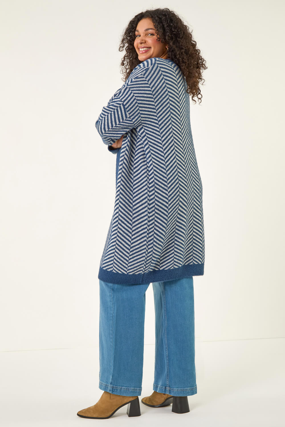 Navy Curve Chevron Fluffy Knit Cardigan, Image 4 of 5