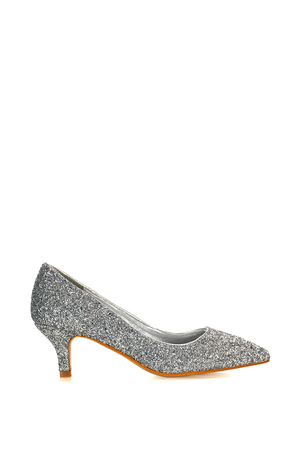 Silver XY LONDON Silver 'Gwyneth' Pointed Toe Mid Stiletto Kitten Heel Court Shoes, Image 1 of 4