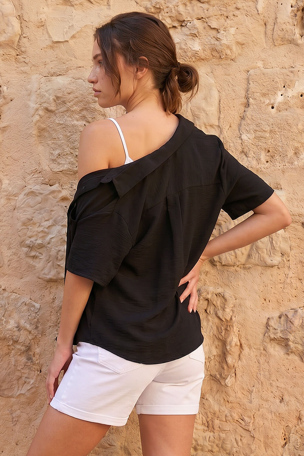 Black Petite Button Up Pocket Shirt, Image 3 of 4