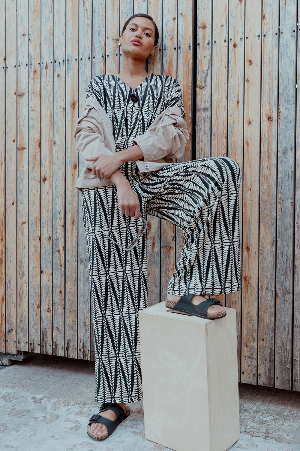 Black Mono Print Wide Leg Stretch Trouser, Image 7 of 7