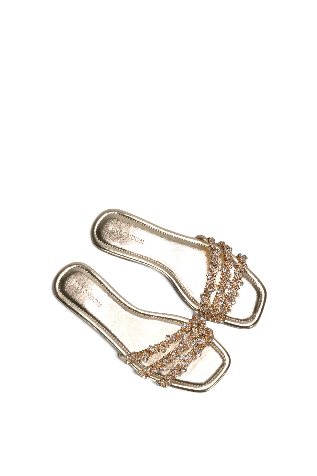 Gold XY LONDON Gold Flat Diamante Strappy Slider Sandals With Square Toe, Image 6 of 6