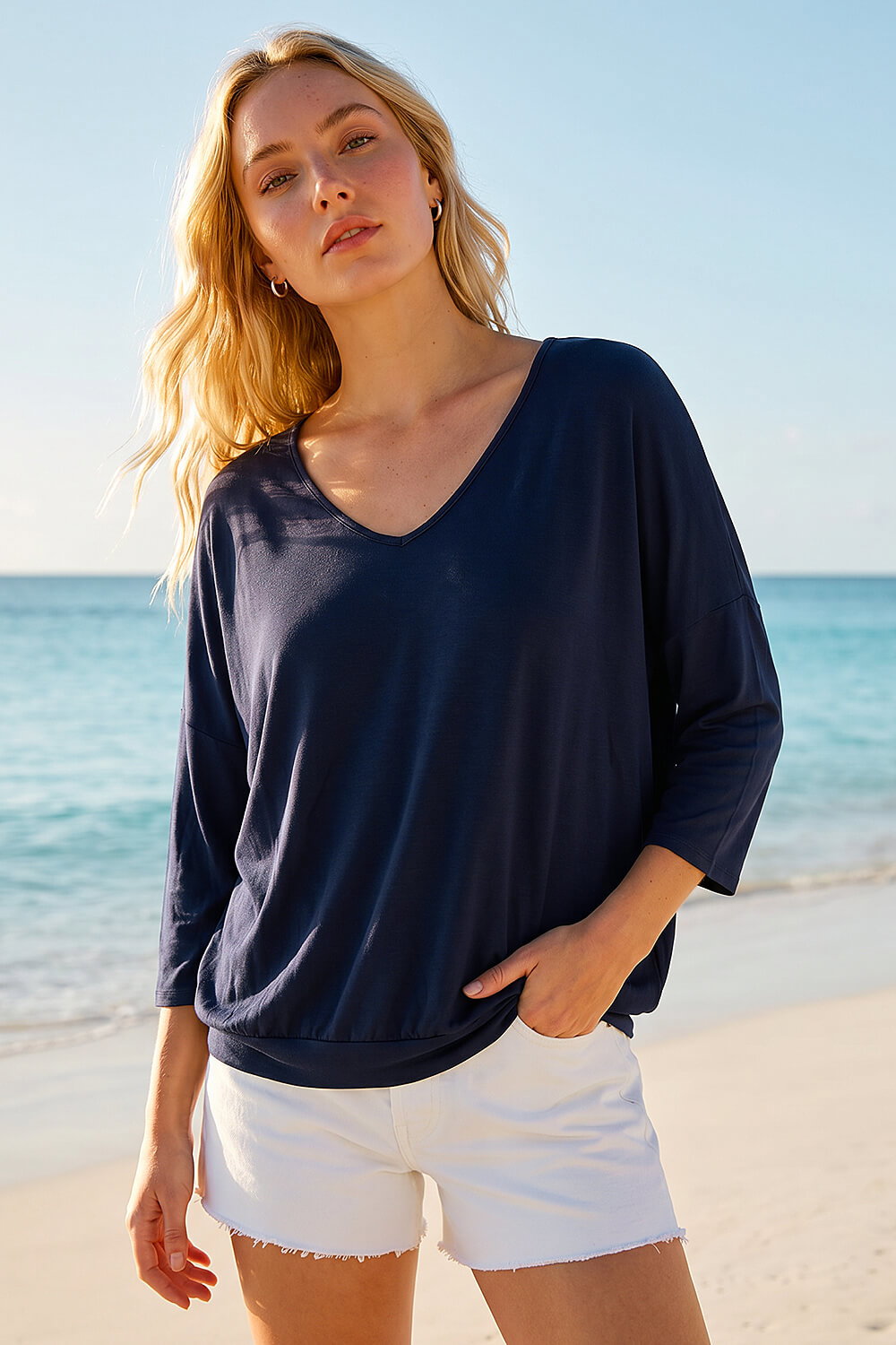 Navy  Bubble Hem V-Neck Top, Image 1 of 4