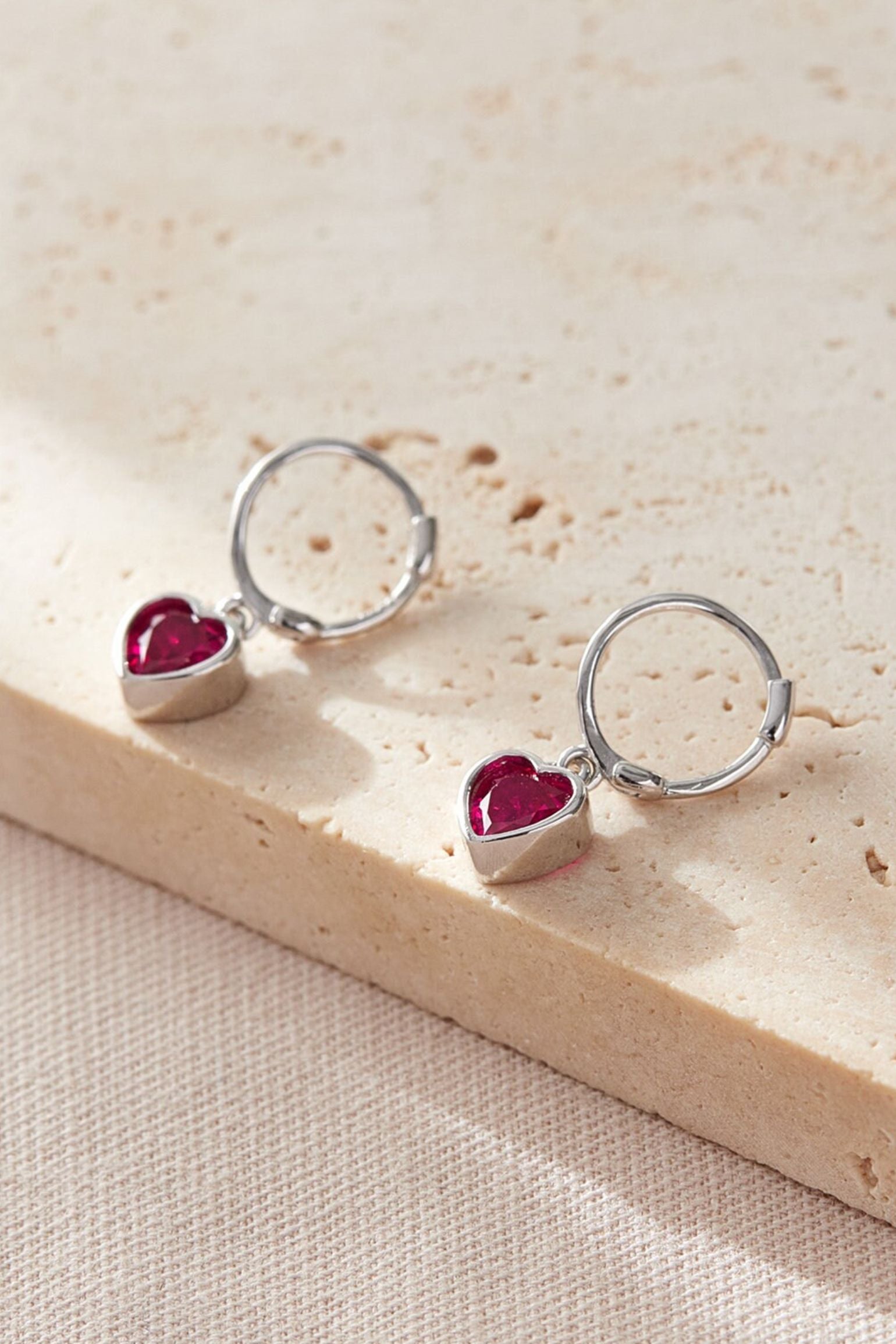 Fuchsia Sterling Silver CZ Heart Huggie Hoops, Image 1 of 2