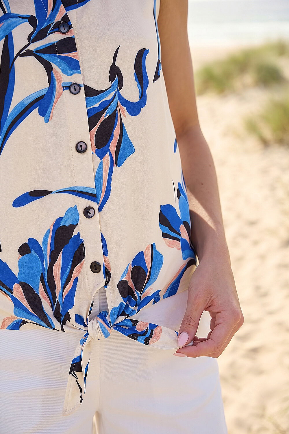 Blue Floral Tie Front Blouse, Image 5 of 4