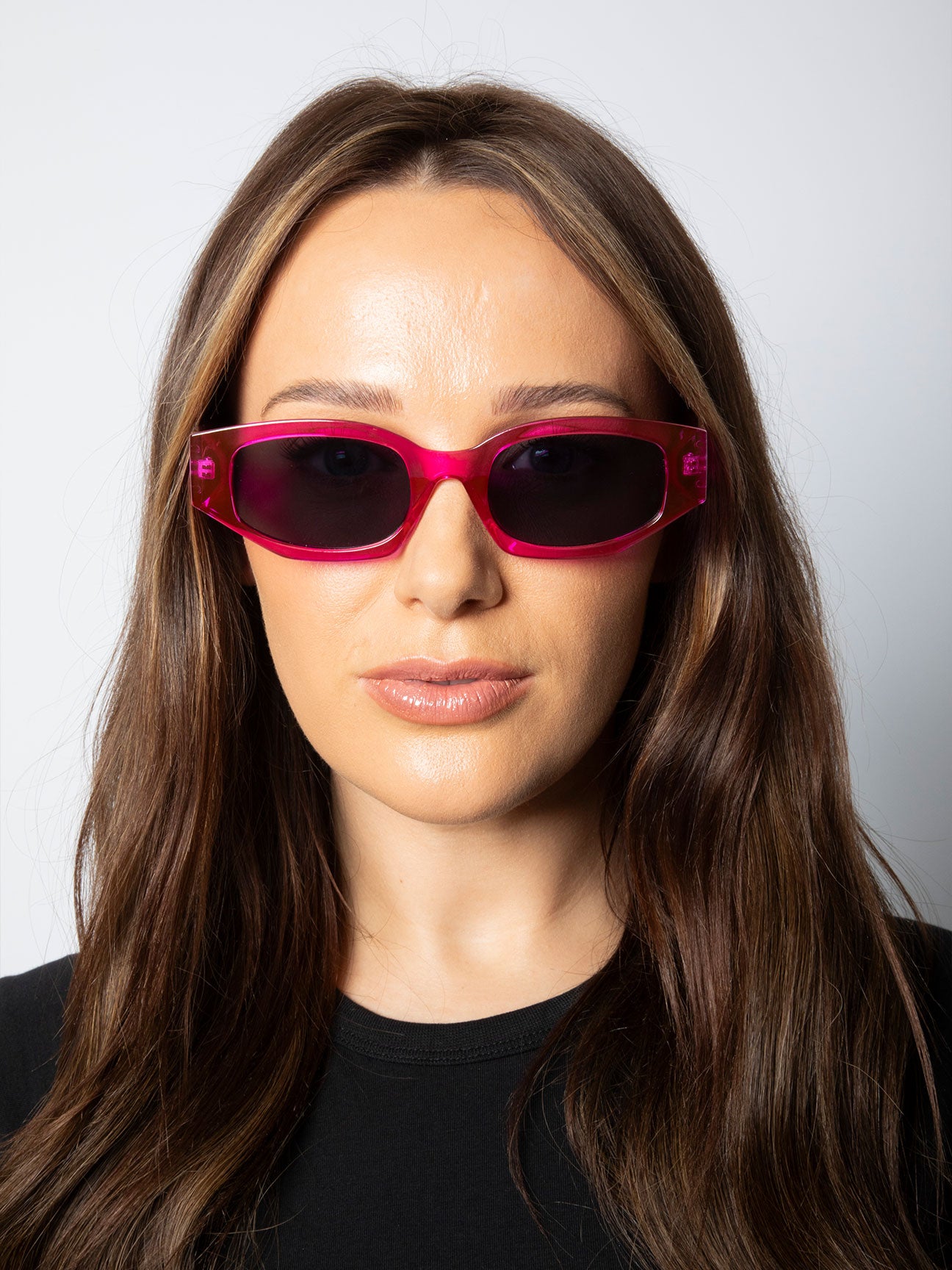 Pink Angular Sunglasses in Translucent Hot Pink, Image 6 of 6