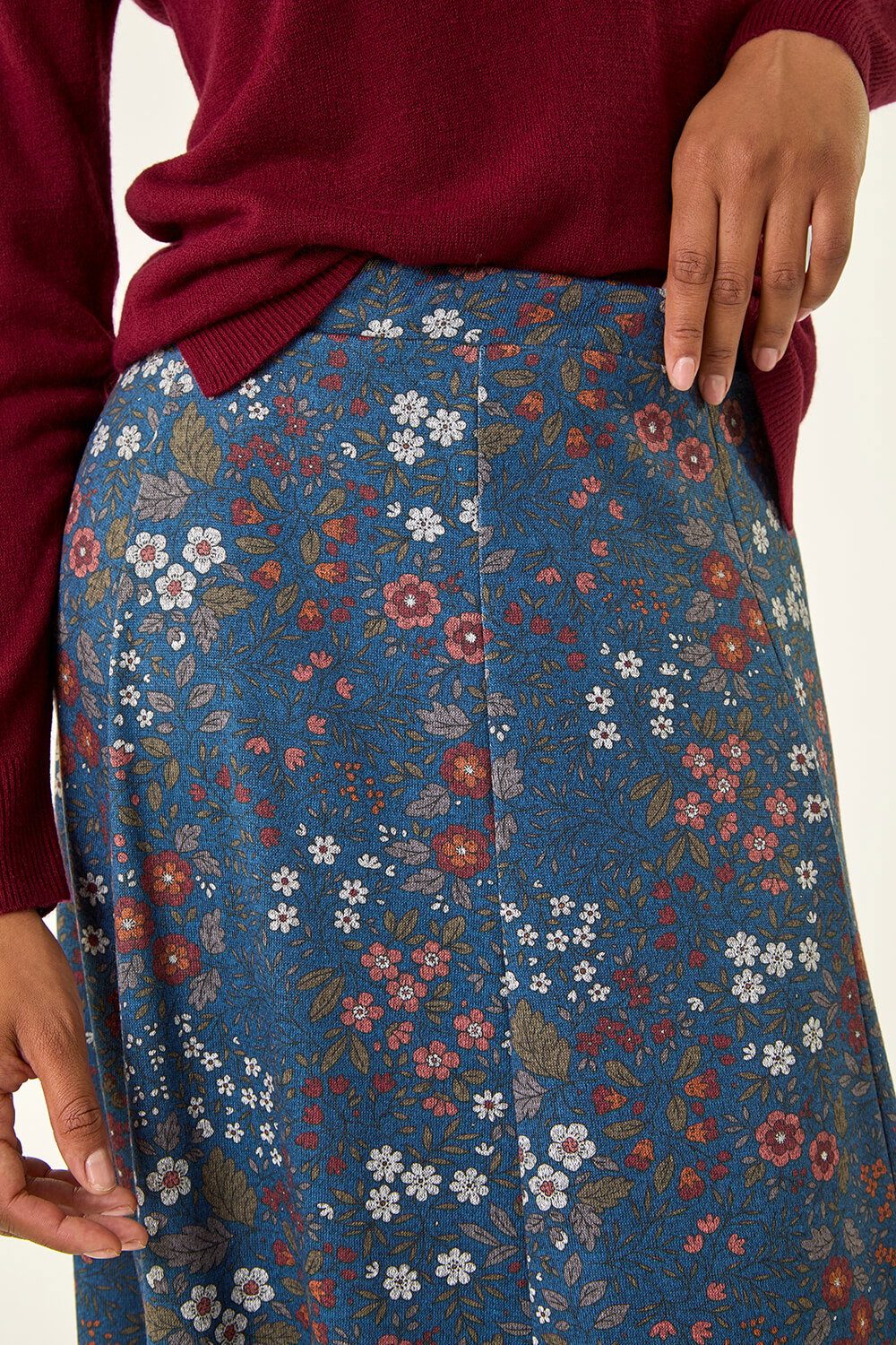Denim Ditsy Floral Print Stretch Skirt, Image 6 of 5