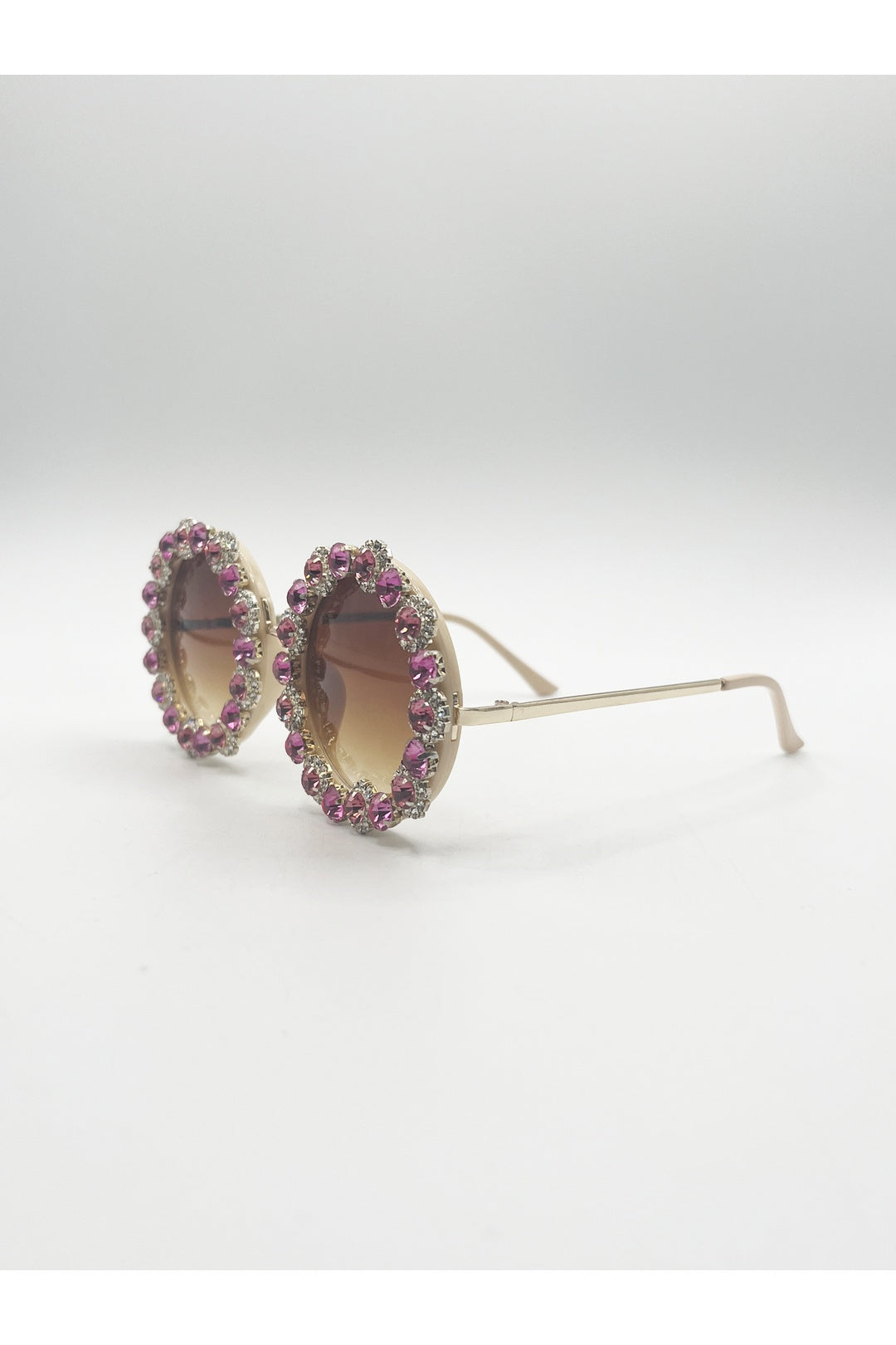 Pink Round Floral Crystal Gem Sunglasses in Pink, Image 3 of 6