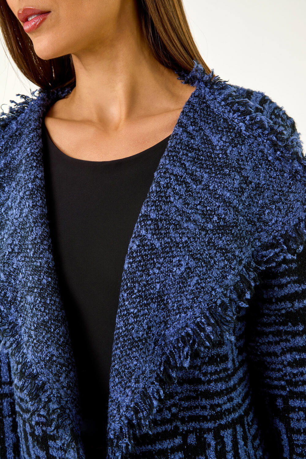 Denim Blue Textured Fringe Collar Detail Cardigan, Image 6 of 5