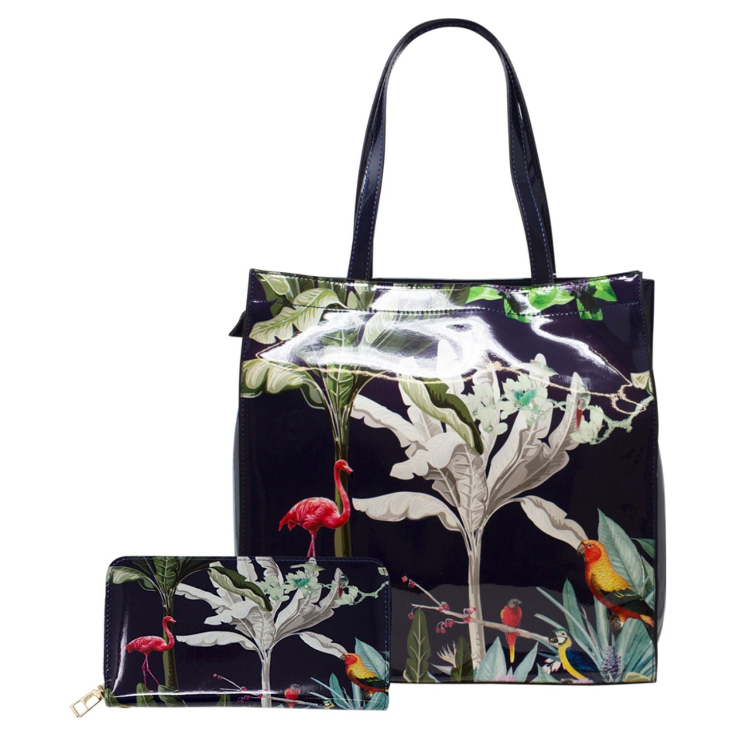 Black Glossy Tropical Print Tote Bag