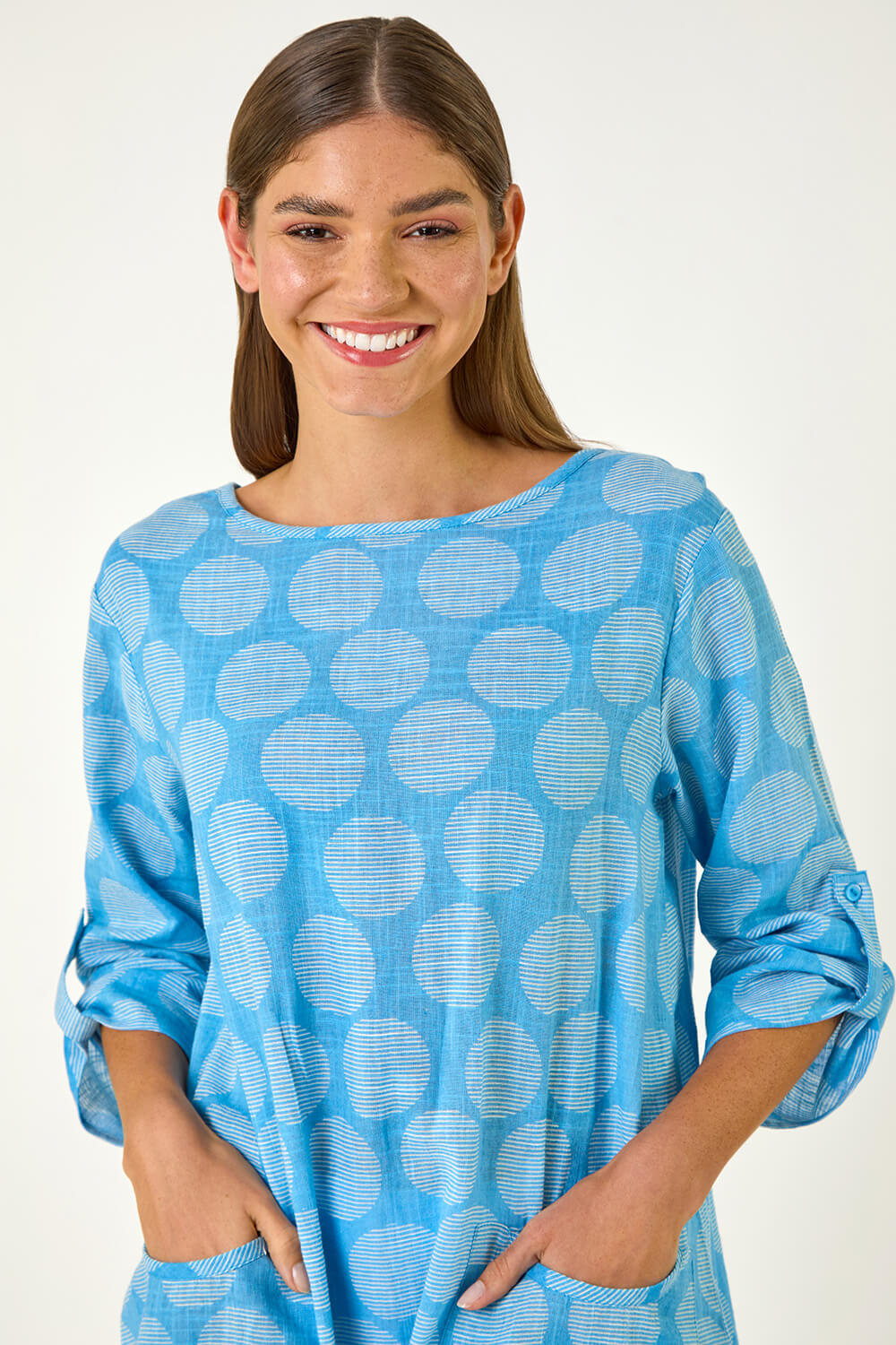 Light Denim Spot Print Longline Tunic Top, Image 1 of 5