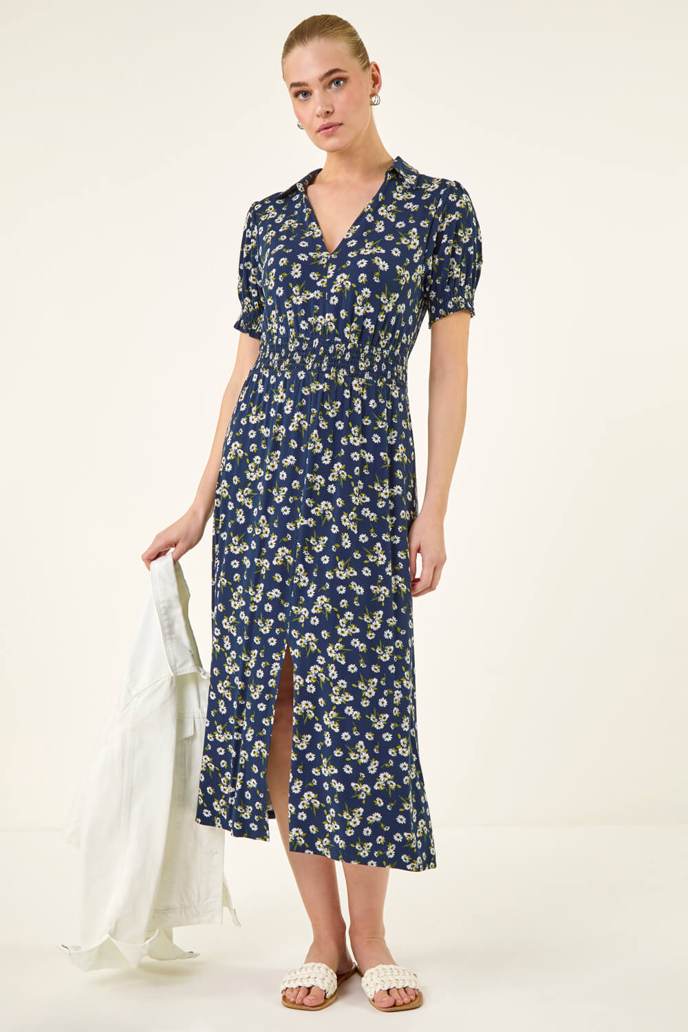 Navy  Ditsy Print V-Neck Midi Dress, Image 4 of 6
