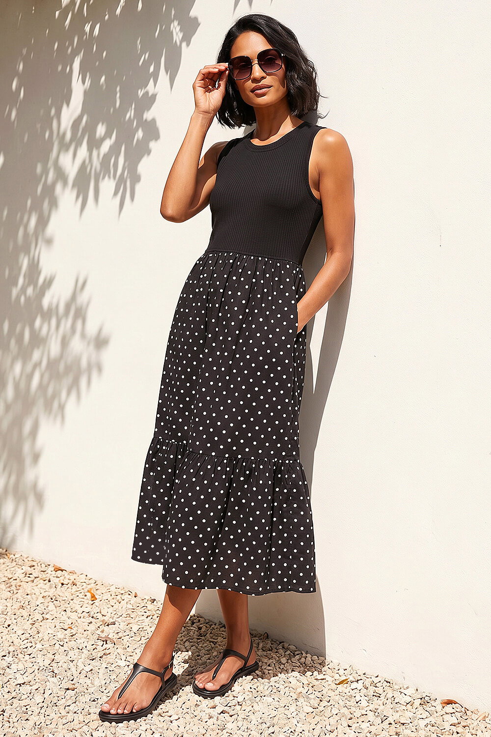 Black Dusk Polka Dot Ribbed Midi Dress , Image 3 of 4