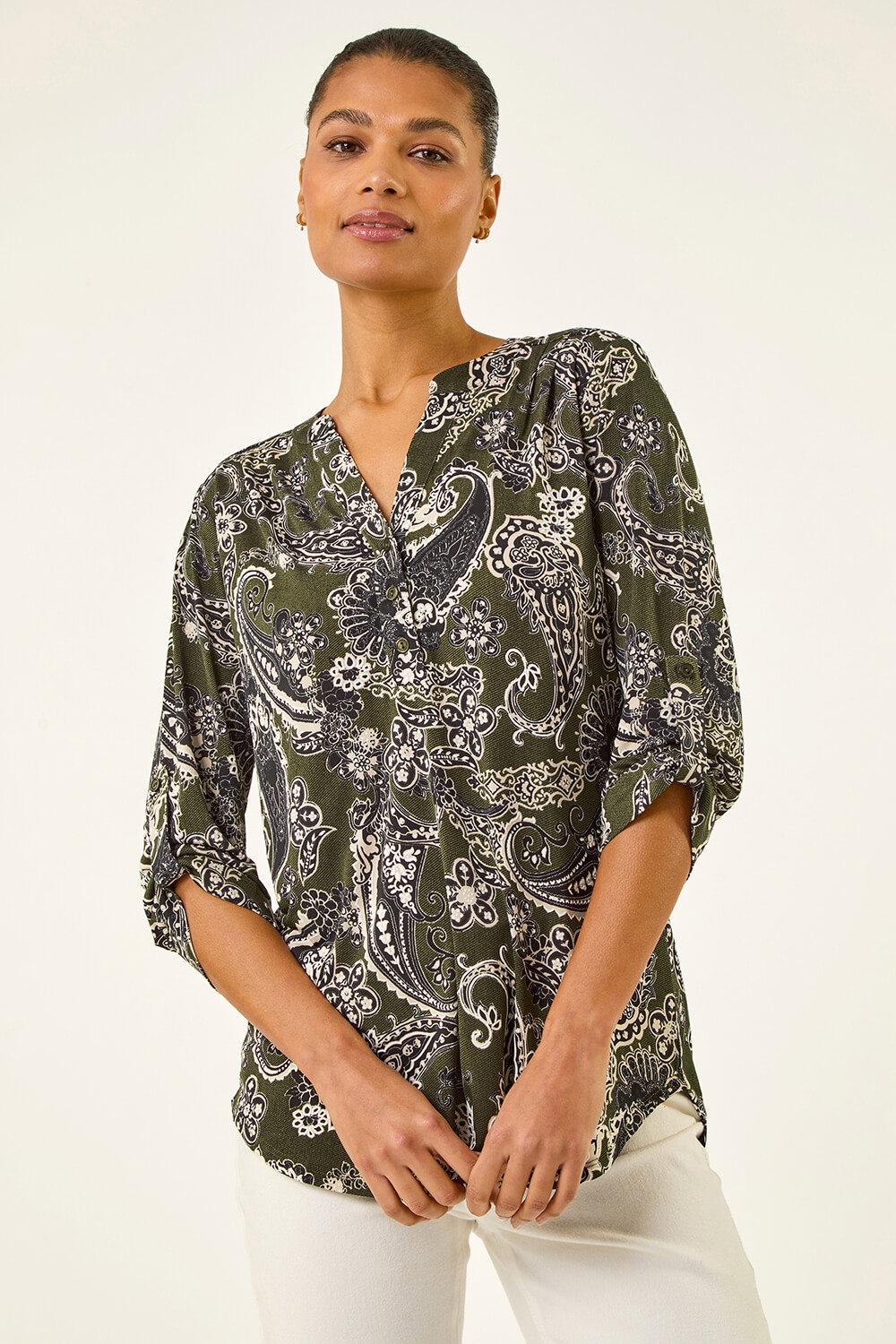 Roman Women's Khaki Paisley Puff Print Stretch Shirt Size 16