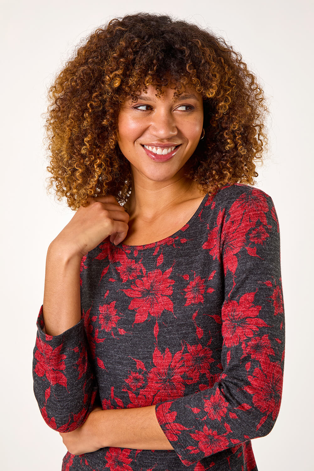 Red Floral Print Hanky Hem Tunic Top, Image 5 of 5