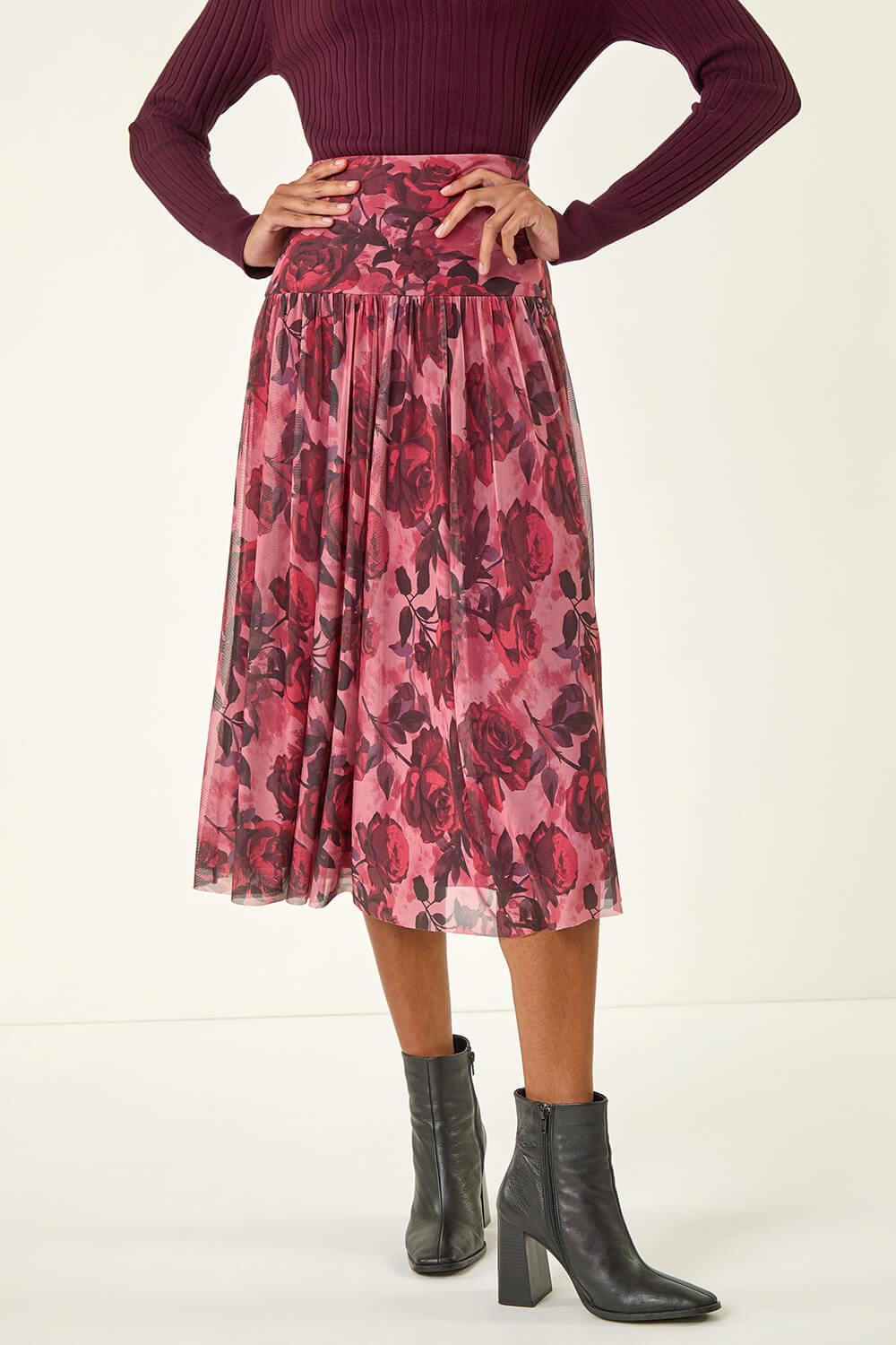 Red Rose Print Mesh Layered Skirt, Image 1 of 5