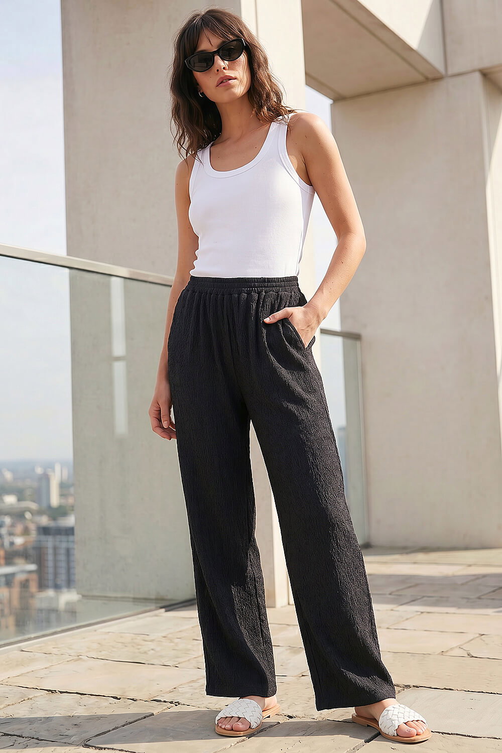 Black Crinkle Textured Stretch Trouser, Image 1 of 4