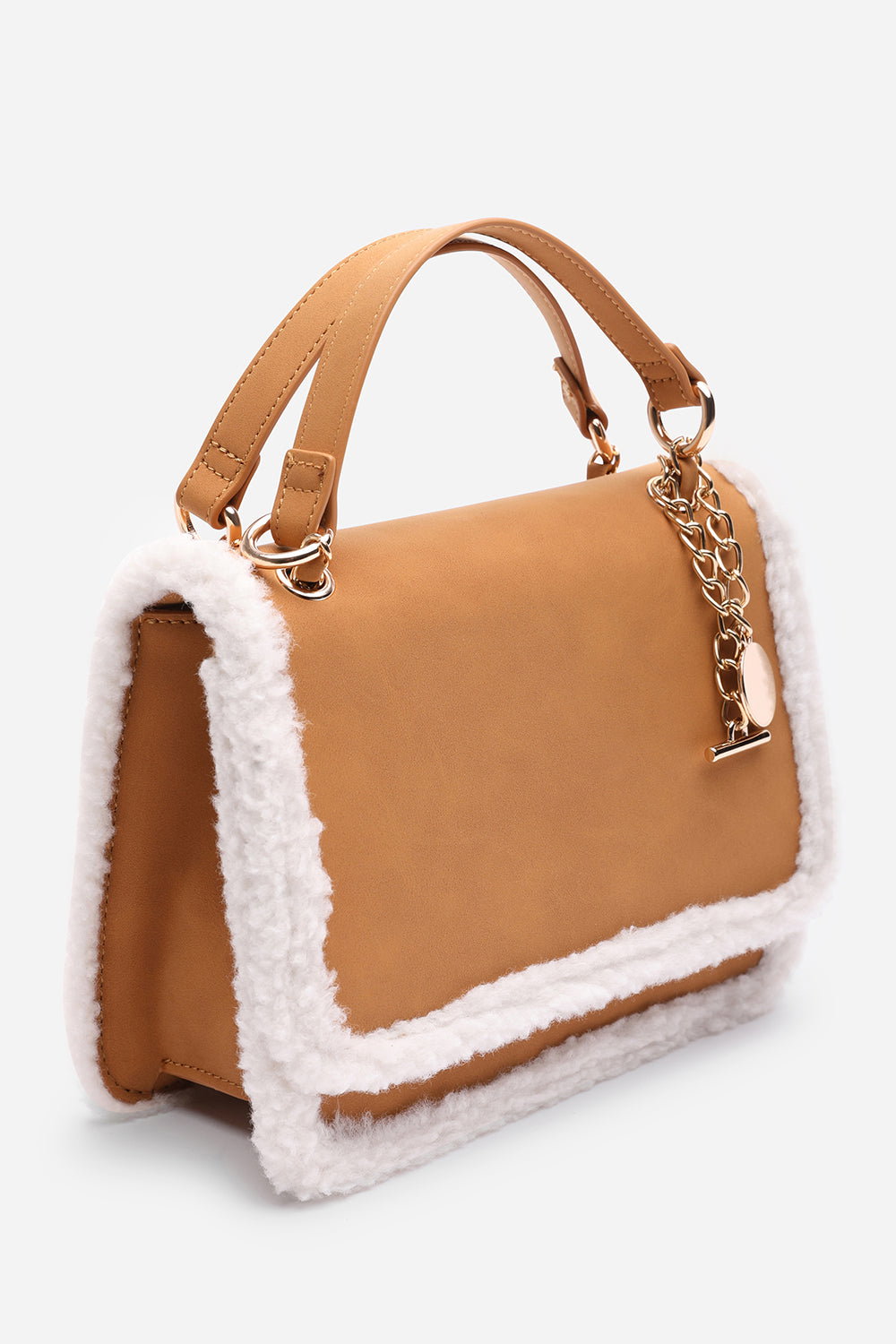 Tan Freesia Top Handle Satchel Borg Trim Tote Bag, Image 3 of 8