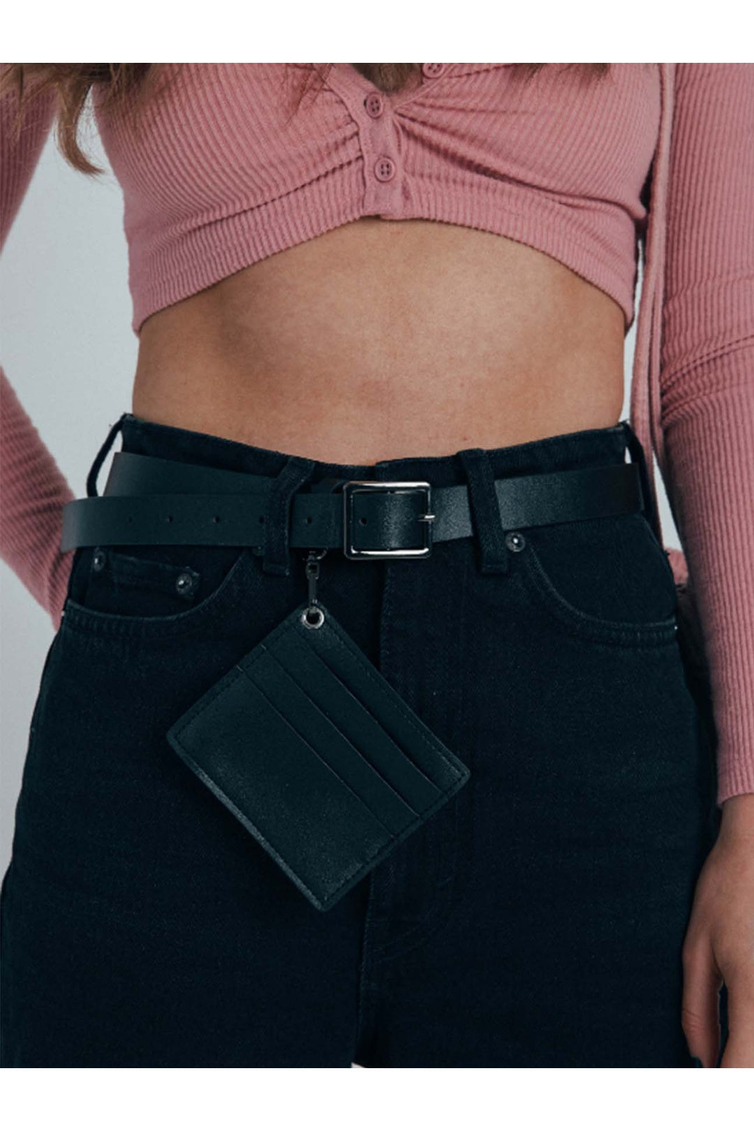 Black PU Leather Belt with Dettachable Card Holder, Image 2 of 7