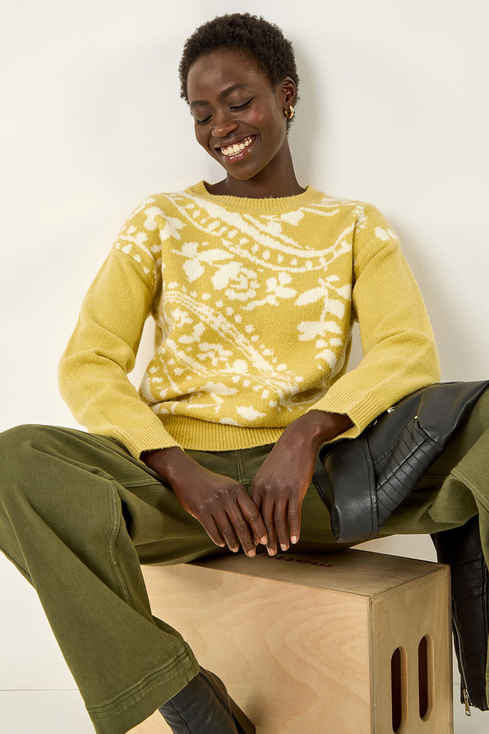 Pale Green Floral Jacquard Knit Jumper , Image 1 of 5