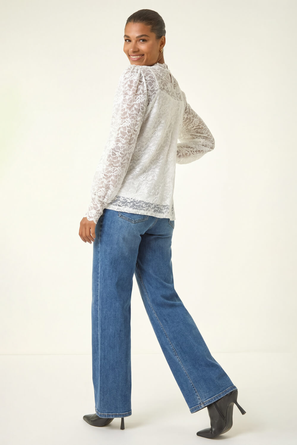 Ivory Lace Frill High Neck Stretch Top, Image 4 of 4