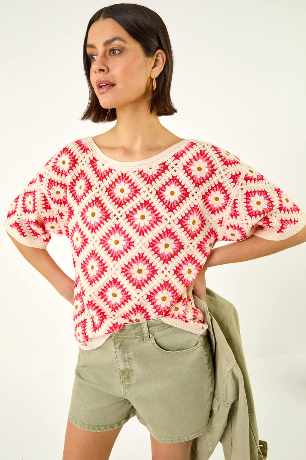 Roman Women's Pink Floral Crochet Knit Top Small