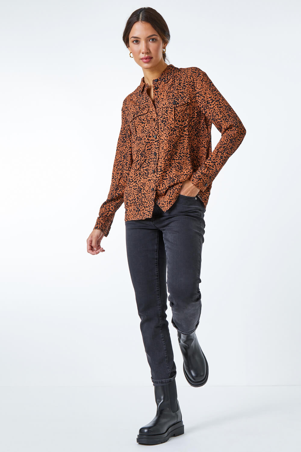Camel Leopard Print Pocket Detail Long Sleeve Blouse, Image 5 of 5
