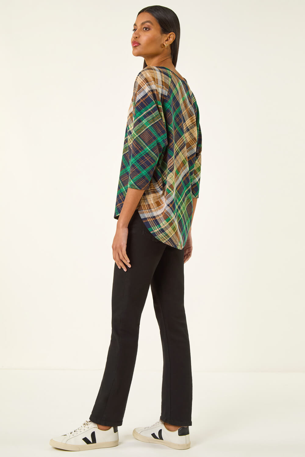 Green Check Print Round Hem Top, Image 4 of 5