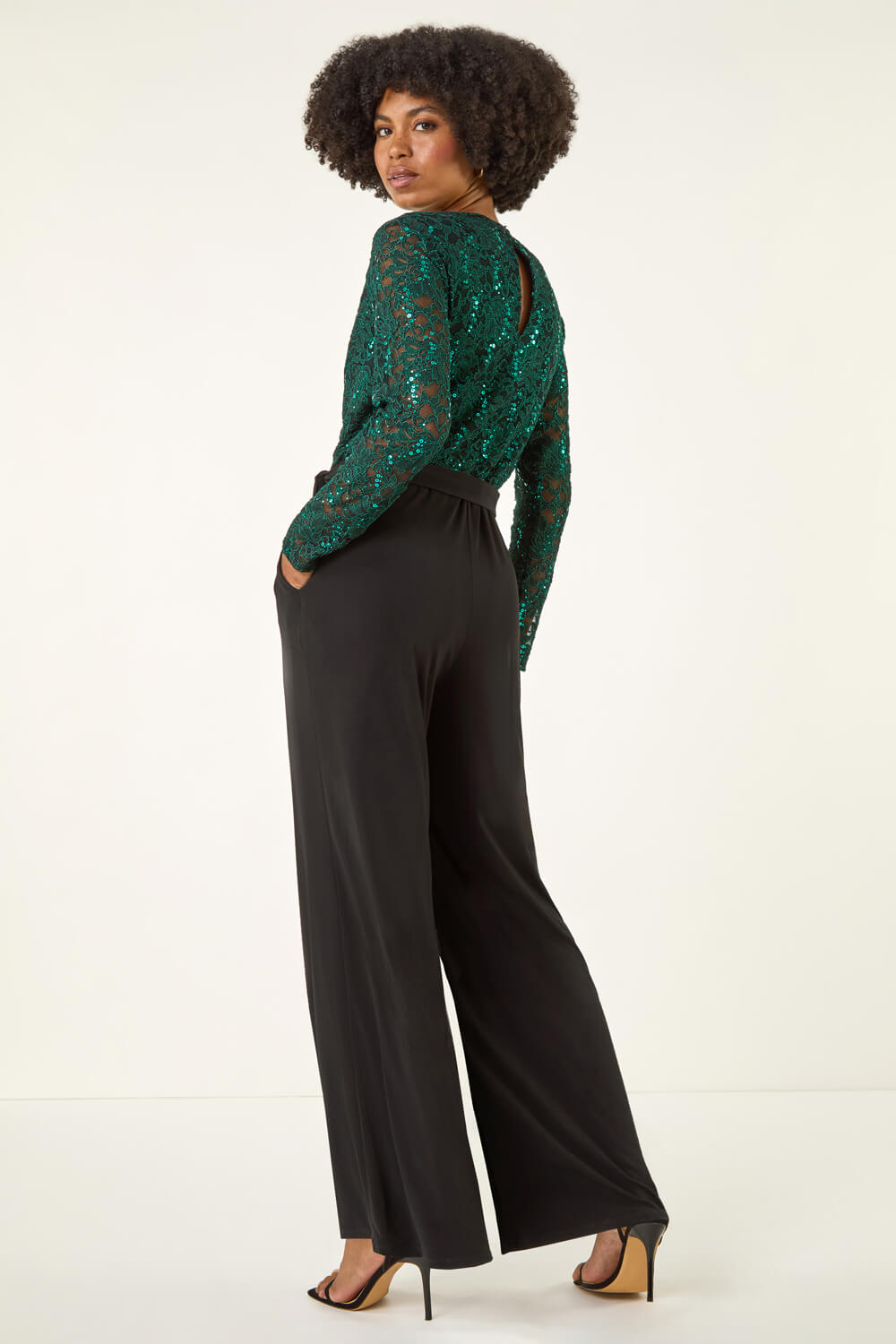 Green Sequin Lace V-Neck Stretch Jumpsuit, Image 4 of 5