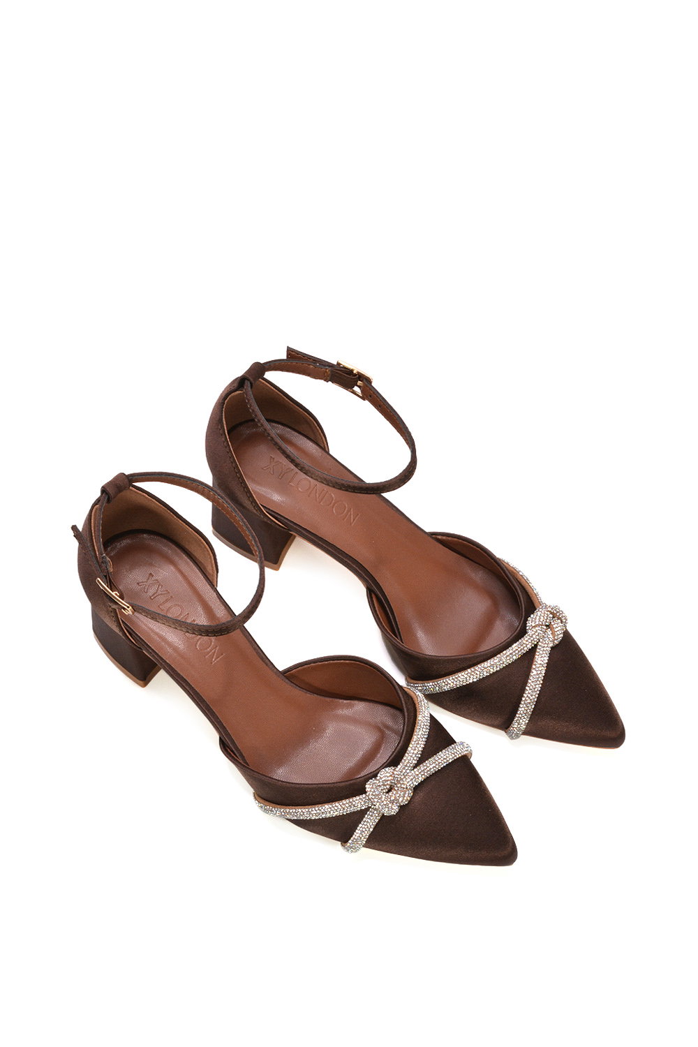Brown XY LONDON Brown 'Sarah' Ankle Strap Pointed Toe Diamante Mid Block Heels, Image 6 of 6
